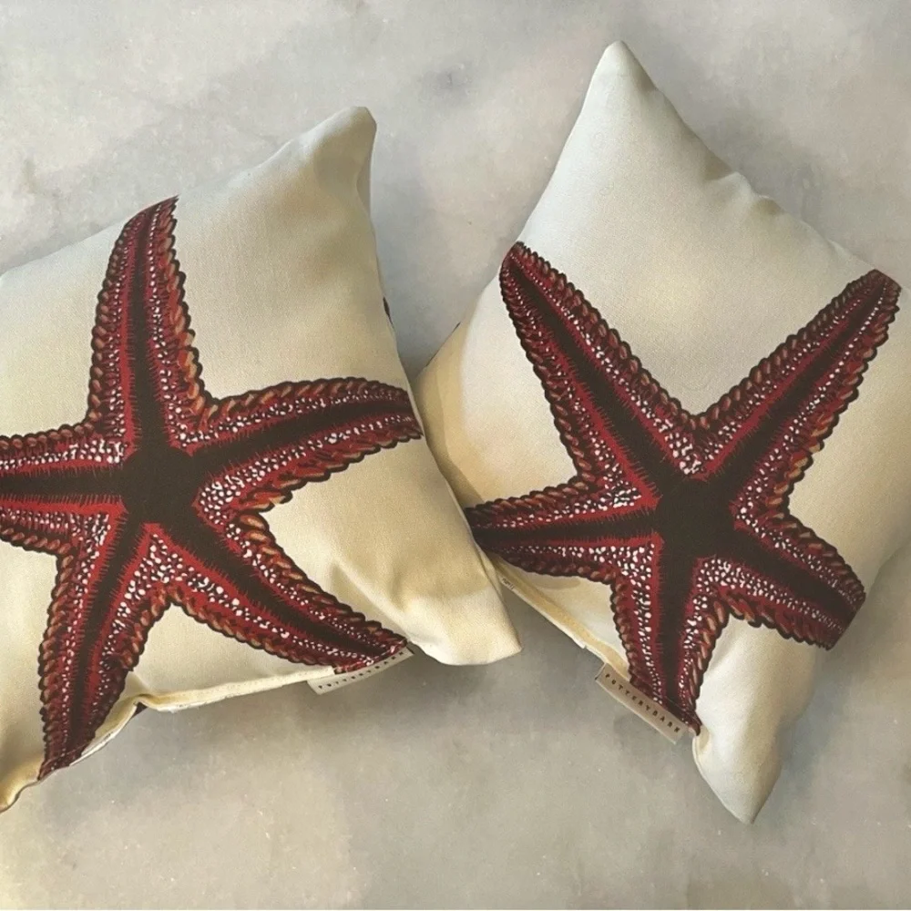 Pottery Barn Red Starfish Accent Throw Pillows Coastal Beach Decor Pair 10”